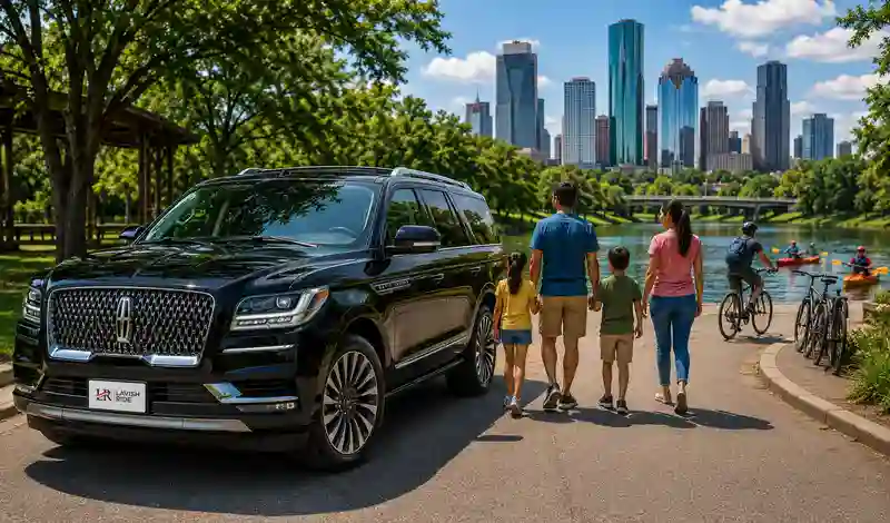 Black Lincoln Navigator with Lavish Ride logo transporting visitors to Houston's parks, trails, kayaking, and outdoor attractions.